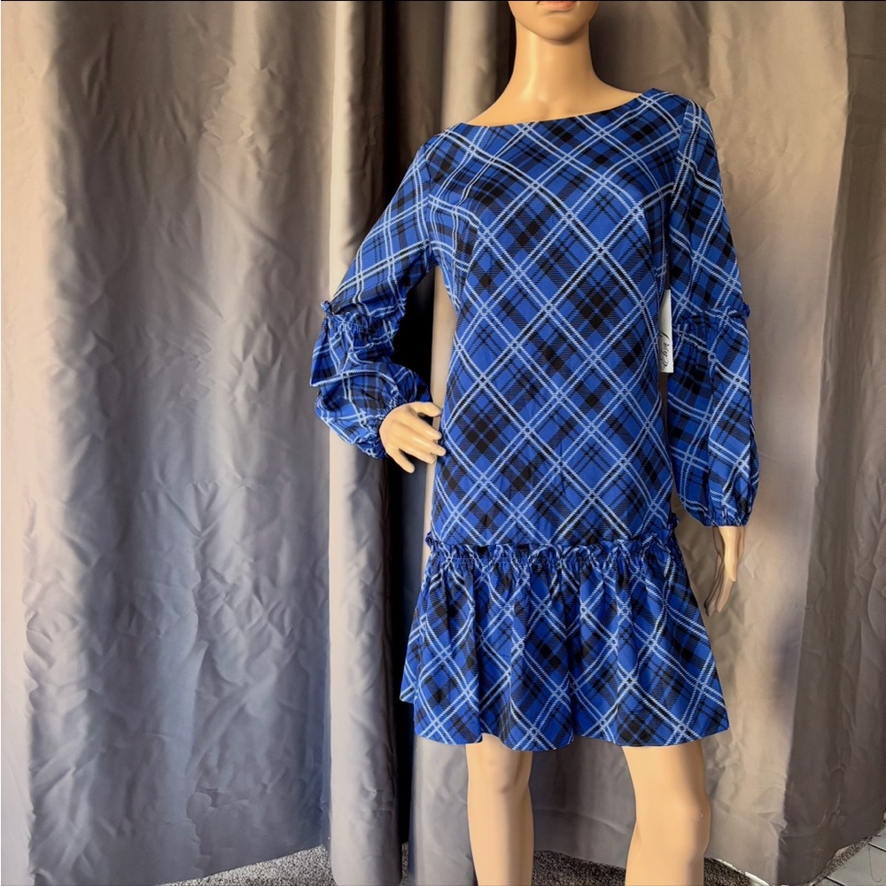 Blue and White Ruffled Tiered Sundress with Bishop Sleeves